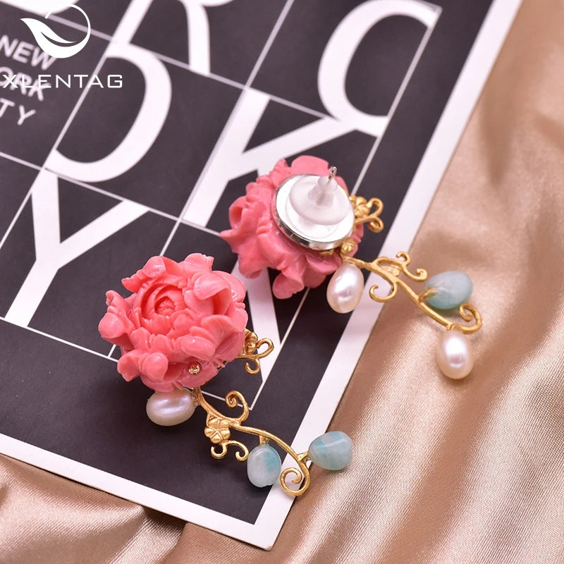 Coral Red Flower Women's Stud Earrings with Natural Pearl - Party Gift Jewelry