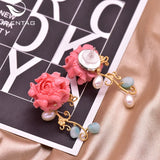 Coral Red Flower Women's Stud Earrings with Natural Pearl - Party Gift Jewelry