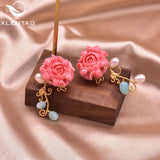 Coral Red Flower Women's Stud Earrings with Natural Pearl - Party Gift Jewelry