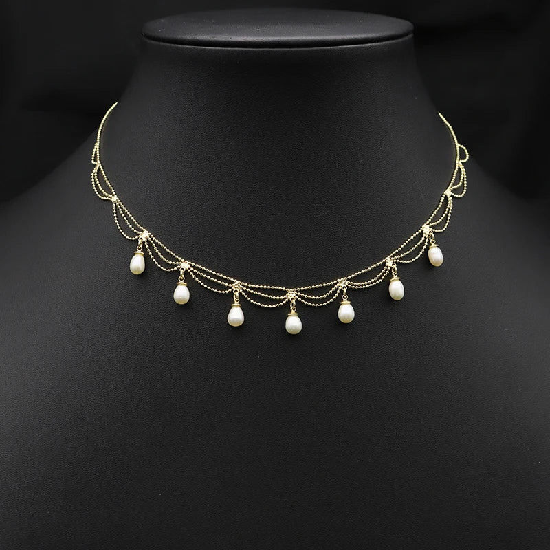 Natural Pearls Women Short Necklace Shining Lace Tassel Bulb-Shaped Chain