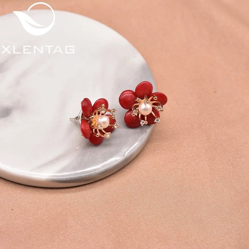 Freshwater Pearl Coral Flower Earrings 925 Silver Fine Jewelry