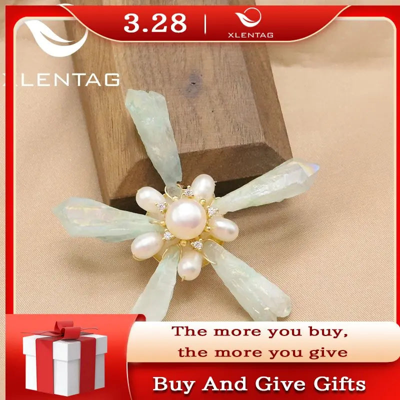 Women's Freshwater Pearls Brooch Green Crystal Girls Party Pin