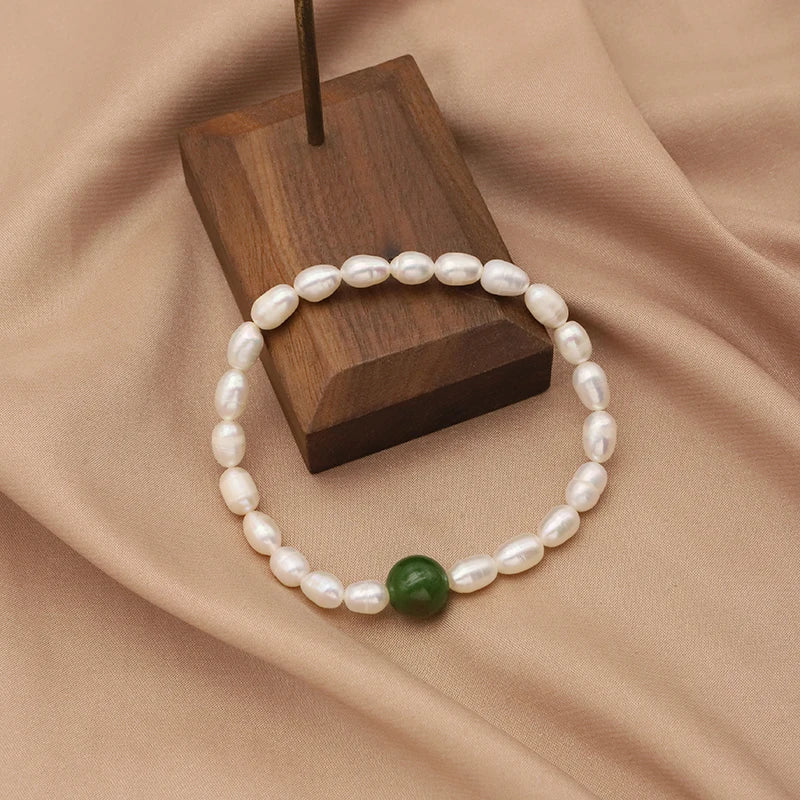 Green Jade Natural Freshwater Pearls Stretch Bracelet Charm Anniversary