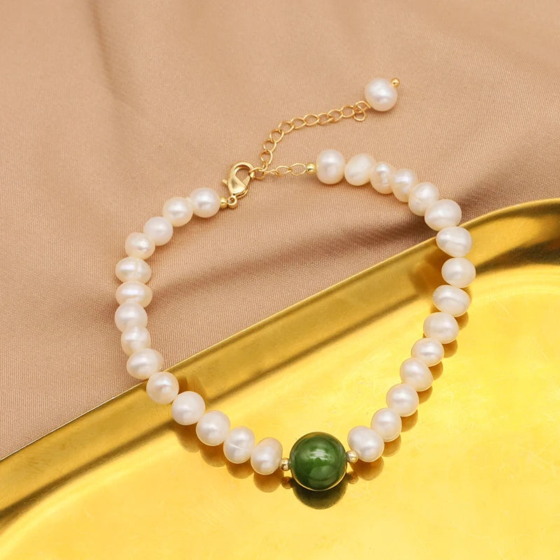 Xlentag Green Jade Pearl Long Chain Adjustable Bracelet