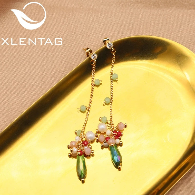 Long Chain Green Pearl Pendant Earrings Elegant Jewelry