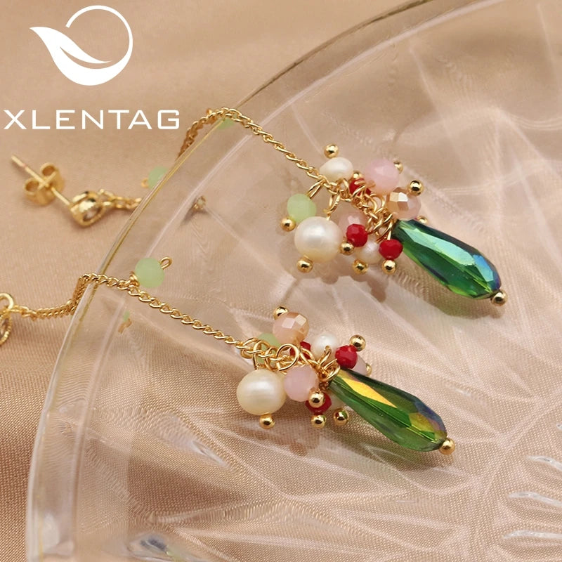 Long Chain Green Pearl Pendant Earrings Elegant Jewelry