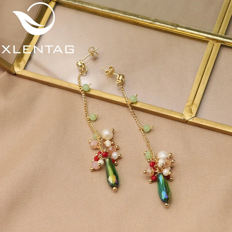 Long Chain Green Pearl Pendant Earrings Elegant Jewelry