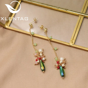 Long Chain Green Pearl Pendant Earrings Elegant Jewelry