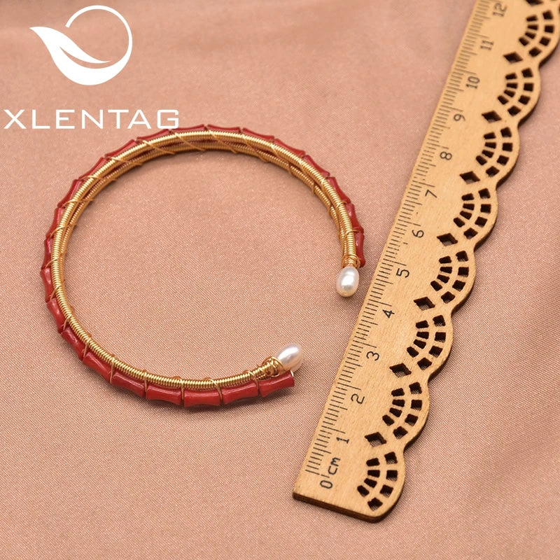 Natural Freshwater Pearl Coral Set Open Bracelet Wedding Retro Gift