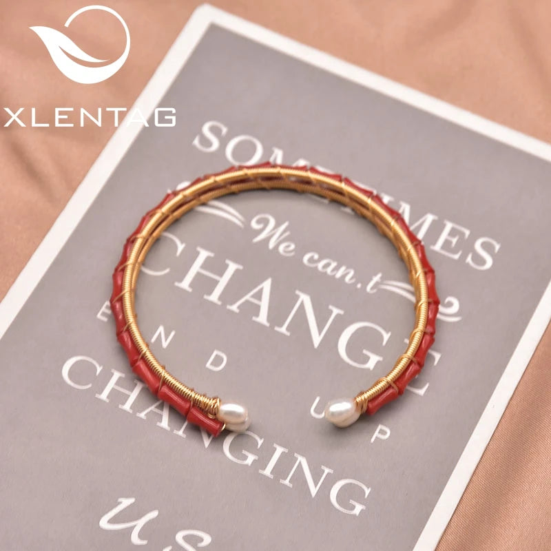 Natural Freshwater Pearl Coral Set Open Bracelet Wedding Retro Gift