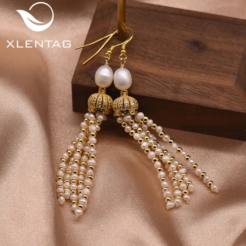 Natural Freshwater Pearl Crown Tassel Drop Earrings GE0886
