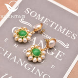 Xlentag Pearl Green Jade Sun Flower Earrings Fine Jewelry