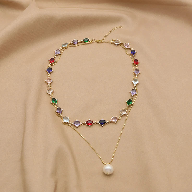 Colorful Zircon & Pearl Long Necklace