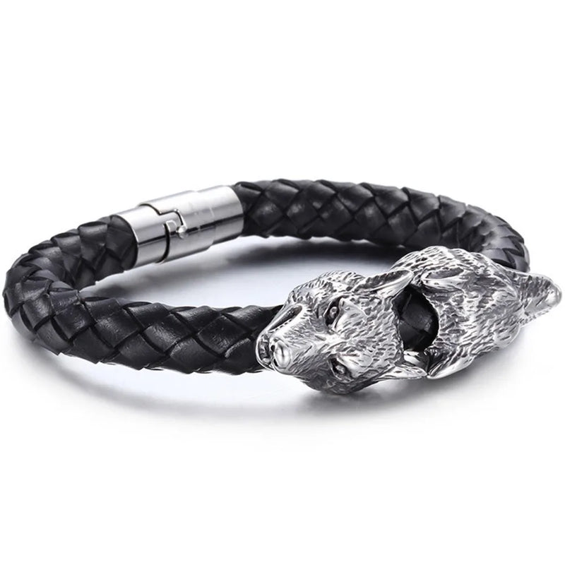 Braided Leather Stainless Steel Silver Biker Wolf Men's Bracelet Wristband
