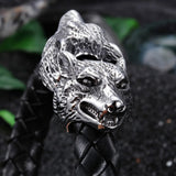 Braided Leather Stainless Steel Silver Biker Wolf Men's Bracelet Wristband