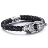 Braided Leather Stainless Steel Silver Biker Wolf Men's Bracelet Wristband