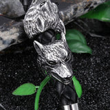 Braided Leather Stainless Steel Silver Biker Wolf Men's Bracelet Wristband