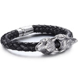 Braided Leather Stainless Steel Silver Biker Wolf Men's Bracelet Wristband
