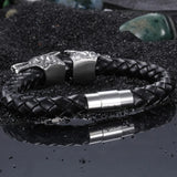 Braided Leather Stainless Steel Silver Biker Wolf Men's Bracelet Wristband