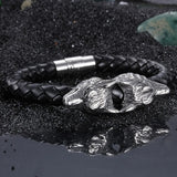 Braided Leather Stainless Steel Silver Biker Wolf Men's Bracelet Wristband