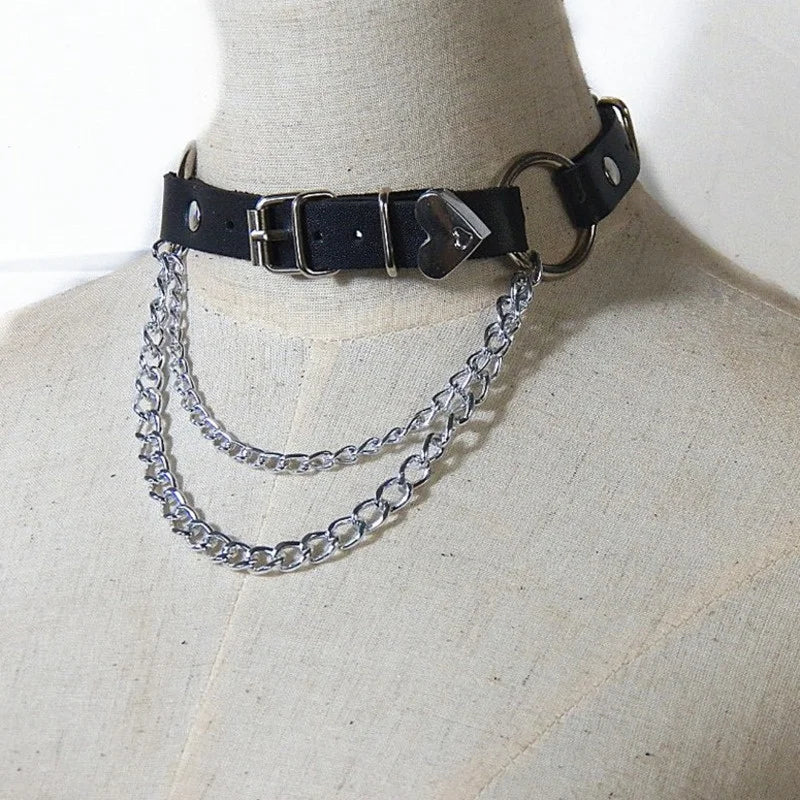 Punk Heart Buckle Women Necklace Rock Leather Rope Chains