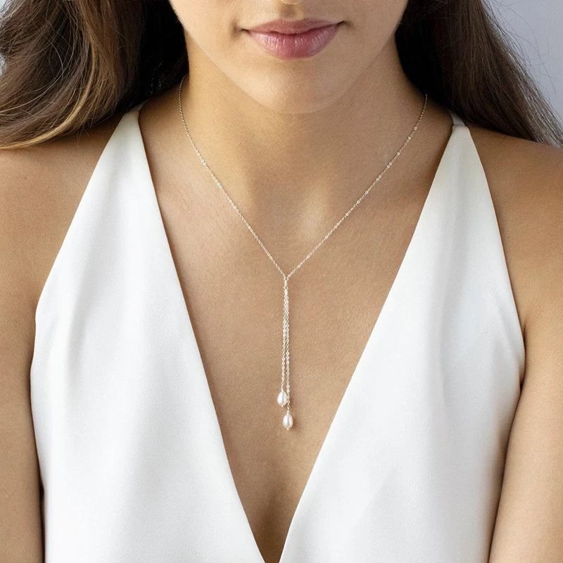 Y Necklace Freshwater Pearl Jewelry Choker s925 Silver Filled Pendants