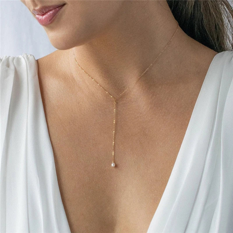 Y Necklace Natural Pearl Necklace 14K Filled Choker Pearl Pendants Collier Femme