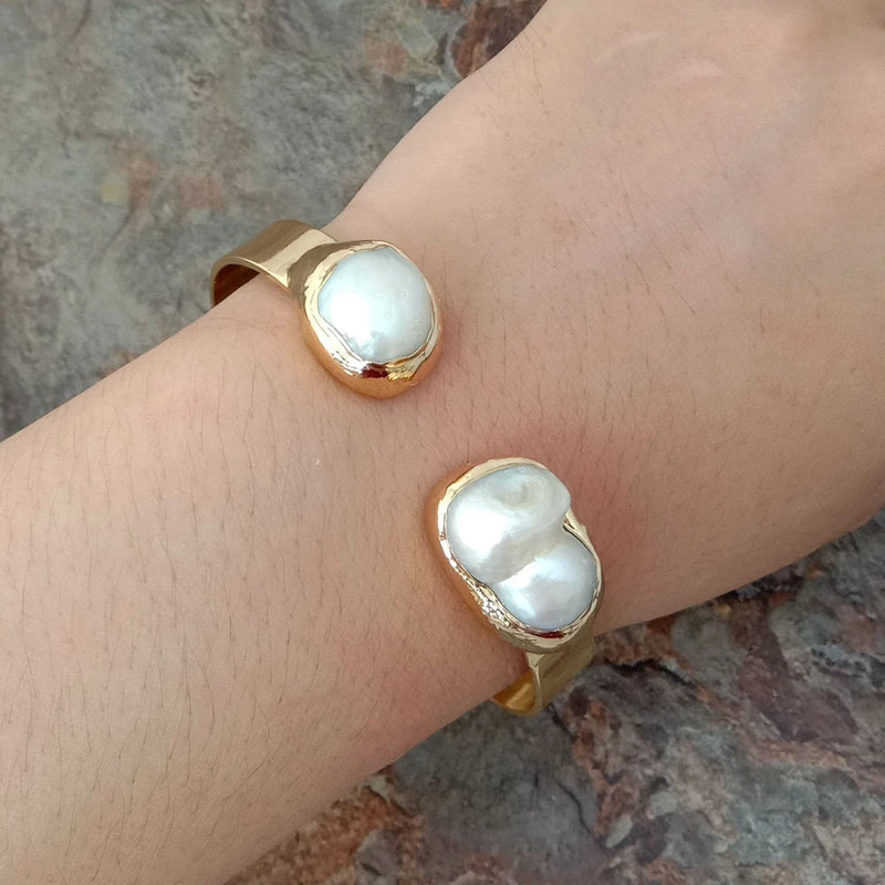 15x21MM Keshi Pearl 24K Plated Bangle Bracelet