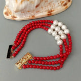 Red Coral Cultured Pearl Bracelet 3 Rows 4mm Round