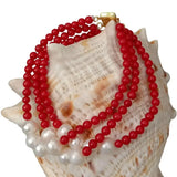 Red Coral Cultured Pearl Bracelet 3 Rows 4mm Round