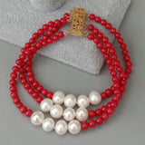 Red Coral Cultured Pearl Bracelet 3 Rows 4mm Round
