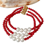 Red Coral Cultured Pearl Bracelet 3 Rows 4mm Round