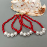 Red Coral Cultured Pearl Bracelet 3 Rows 4mm Round
