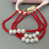 Red Coral Cultured Pearl Bracelet 3 Rows 4mm Round