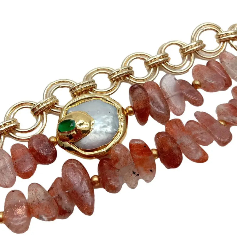 Natural Sunstone Coin Pearl Bracelet with Green Crystal Chain