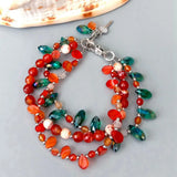 3-Row Orange Agate Green Crystal Bracelet Strands Jewelry
