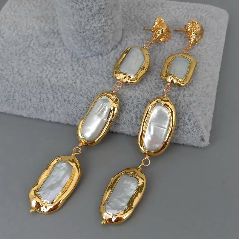 Cultured Biwa Pearl Dangle Stud Earrings with Electroplated Edge