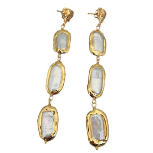 Cultured Biwa Pearl Dangle Stud Earrings with Electroplated Edge