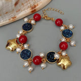 Cultured Pearl Titanium Druzy Red Coral Charm Bracelet