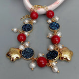 Cultured Pearl Titanium Druzy Red Coral Charm Bracelet