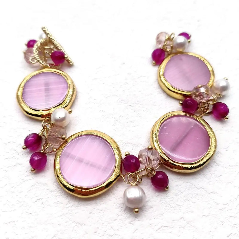 Pink Cat Eye Agate Beaded Charm Bracelet Jewelry