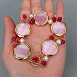 Pink Cat Eye Agate Beaded Charm Bracelet Jewelry