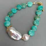 Freshwater Keshi Pearl Green Amazonite Beaded Bracelet