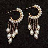 Freshwater Pearl Chain Tassel Hoop Earrings for Women