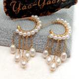 Freshwater Pearl Chain Tassel Hoop Earrings for Women