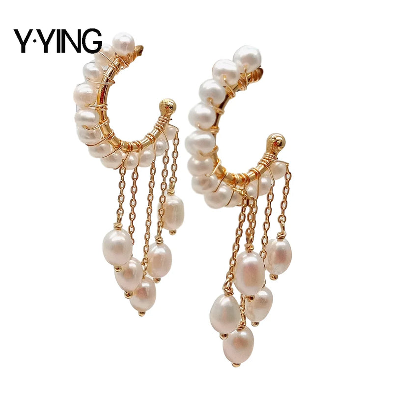 Freshwater Pearl Chain Tassel Hoop Earrings for Women
