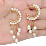 Freshwater Pearl Chain Tassel Hoop Earrings for Women