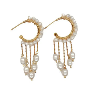 Freshwater Pearl Chain Tassel Hoop Earrings for Women
