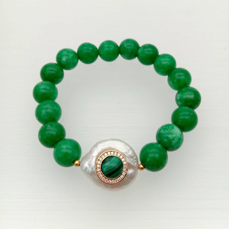 Green Jade Cultured Coin Pearl Cz Pave Malachite Bracelet