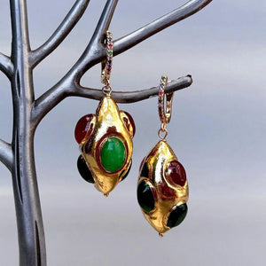 Y.YING Green Red Agate Yellow Plated Olivary Shape Dangle Earrings